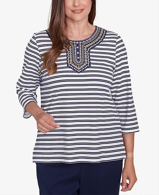 Alfred Dunner Women's Block Island Striped Top with Embroidered Neckline