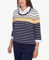 Alfred Dunner Women's Block Island Striped Two in One Collared Sweater with Necklace