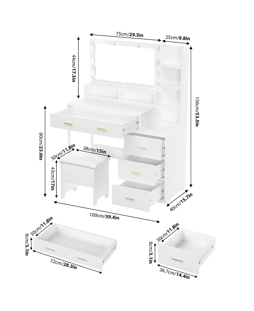 gaomon Vanity Desk with Mirror and Lights, Makeup Vanity with 5 Drawer, 3 Level Cabinets & 3 Tiers of Open Shelves