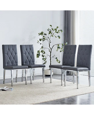 4 piece set of gray armless dining chairs brings a touch of elegance and mystery to the dining area with its deep gray tone, The grid and buckle desig