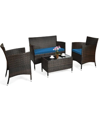 Sugift 4 Pieces Comfortable Outdoor Rattan Sofa Set with Glass Coffee Table-Peacock Blue