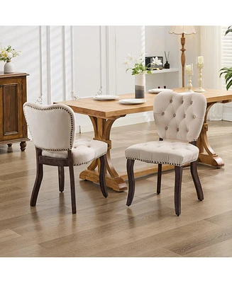 French Vintage Tufted Upholstered Fabric Dining Chair, Set of 2,Beige, SW1869BG