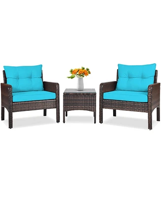 Sugift 3 Pcs Outdoor Patio Rattan Conversation Set with Seat Cushions-Turquoise