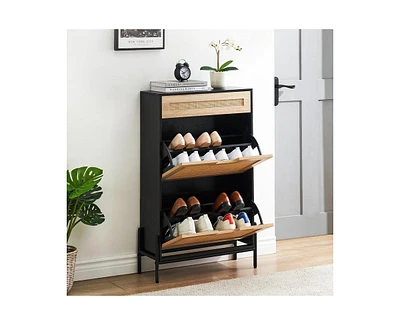 gaomon Natural Rattan Shoe Cabinet with 2 Flip Door and 1 Drawer, Freestanding Shoe Storage Organizer, Modern Narrow Shoe Rack with Adjustable Shelves