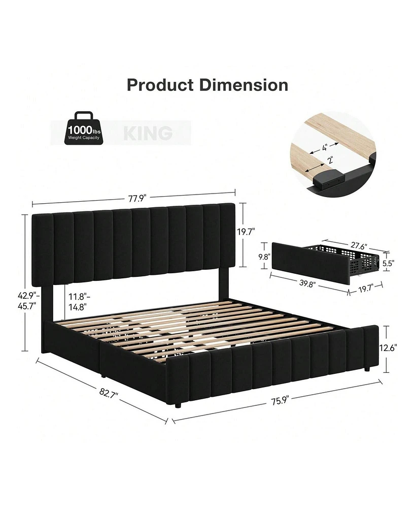 gaomon Bed Frame With 4 Storage Drawers And Adjustable Headboard, Linen Upholstered Platform Bed Frame With Wooden Slats Support