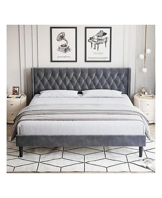 gaomon Full/Queen/King Size Bed Frame With Headboard, Modern King Bed Frame, Deep Button Tufted Headboard With Wingback, Velvet Upholstered Platform B