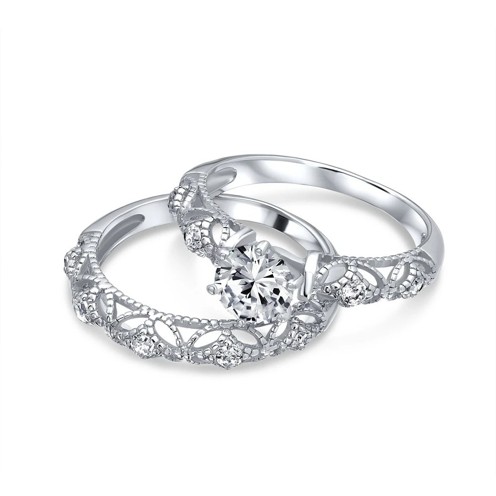 Bling Jewelry 1 Ct Round Cubic Zirconia Solitaire Cz promise ring Band Set .925 Sterling Silver