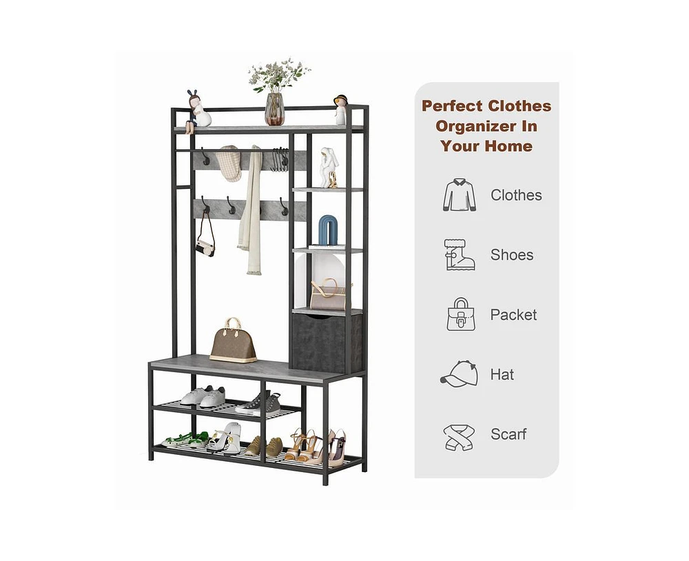 gaomon 5-in-1 Coat Rack, Hall Tree with Bench and Shoe Storage, Freestanding Entryway Bench with 5-Tier Open Shelves, Fabric Storage Basket and 12 Hoo