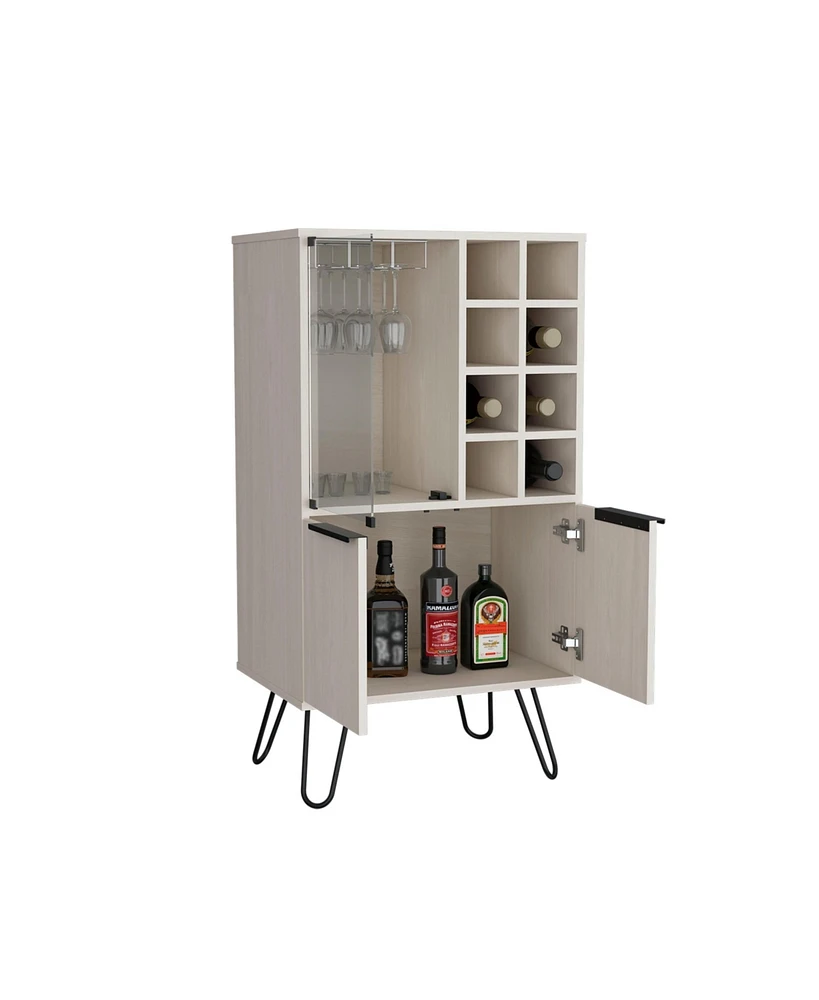 Lutak Bar Cabinet with 2 Doors, 9 Shelves, and 1 Glass Panel, White Washed Oak