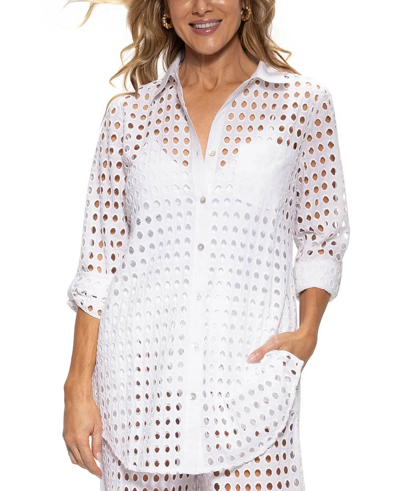 Dotti Women's Cotton Openwork Dot Cover-Up Beach Shirt