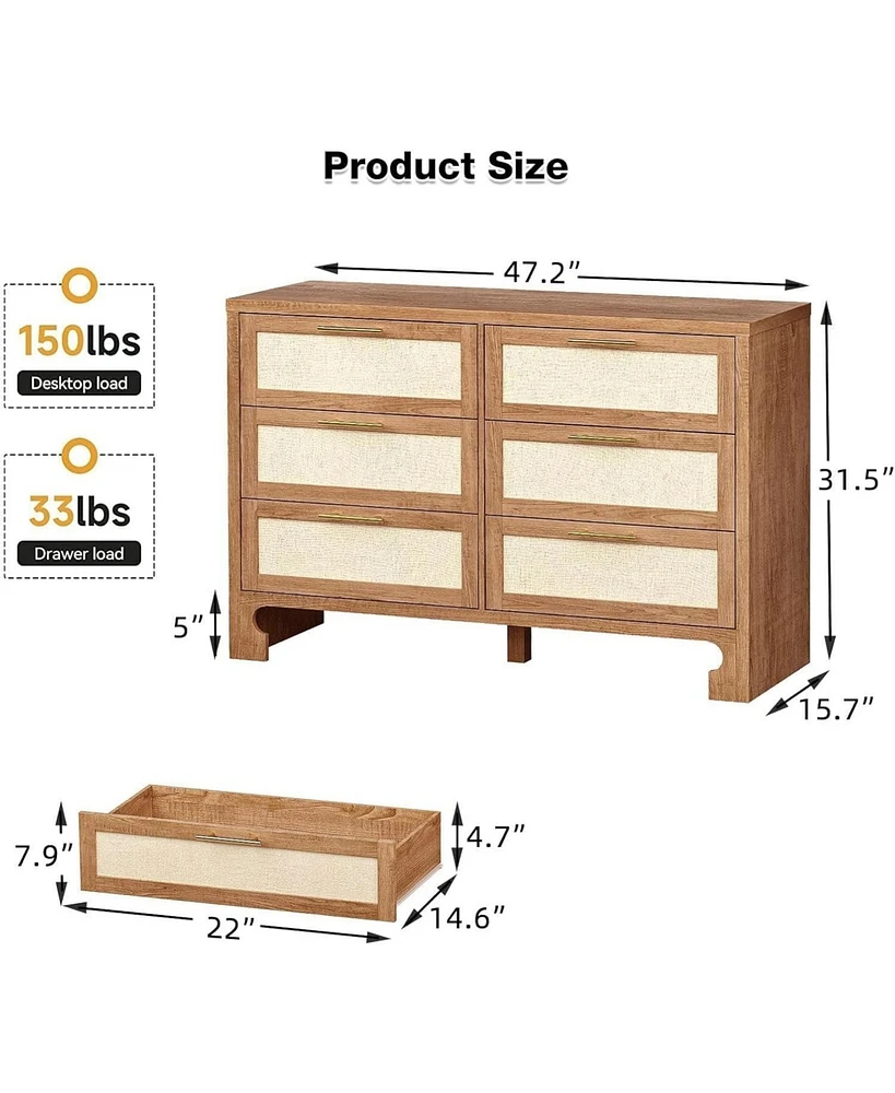 gaomon Dresser White with 6 Drawer Modern Wooden Dresser - 3-Tier Drawer Chest Burlap
