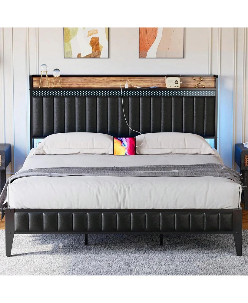 gaomon Full/Queen/King Size Bed Frame With Charging Station, Led Bed Frame With Storage Headboard, Upholstered Platform Bed Frame