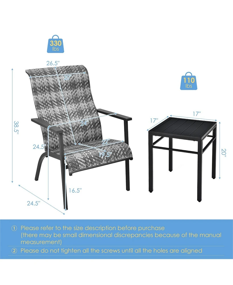 Sugift 3 Pieces Patio Rattan Bistro Set with High Backrest and Armrest