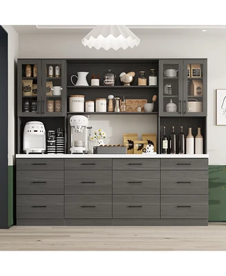 Famapy Grey Kitchen Cabinet with Glass Doors with 12 Drawers, Pantry Storage Cabinet with Shelves