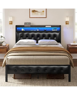 Hausource Full Size Bed Frame with Storage Headboard & Charging Station Platform Bed No Box Spring Needed