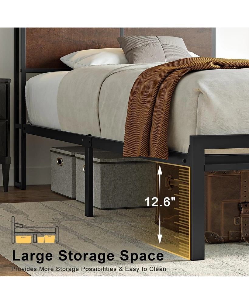 Hausource King/Twin Size Bed Frame with Storage Headboard & Charging Station No Box Spring Needed