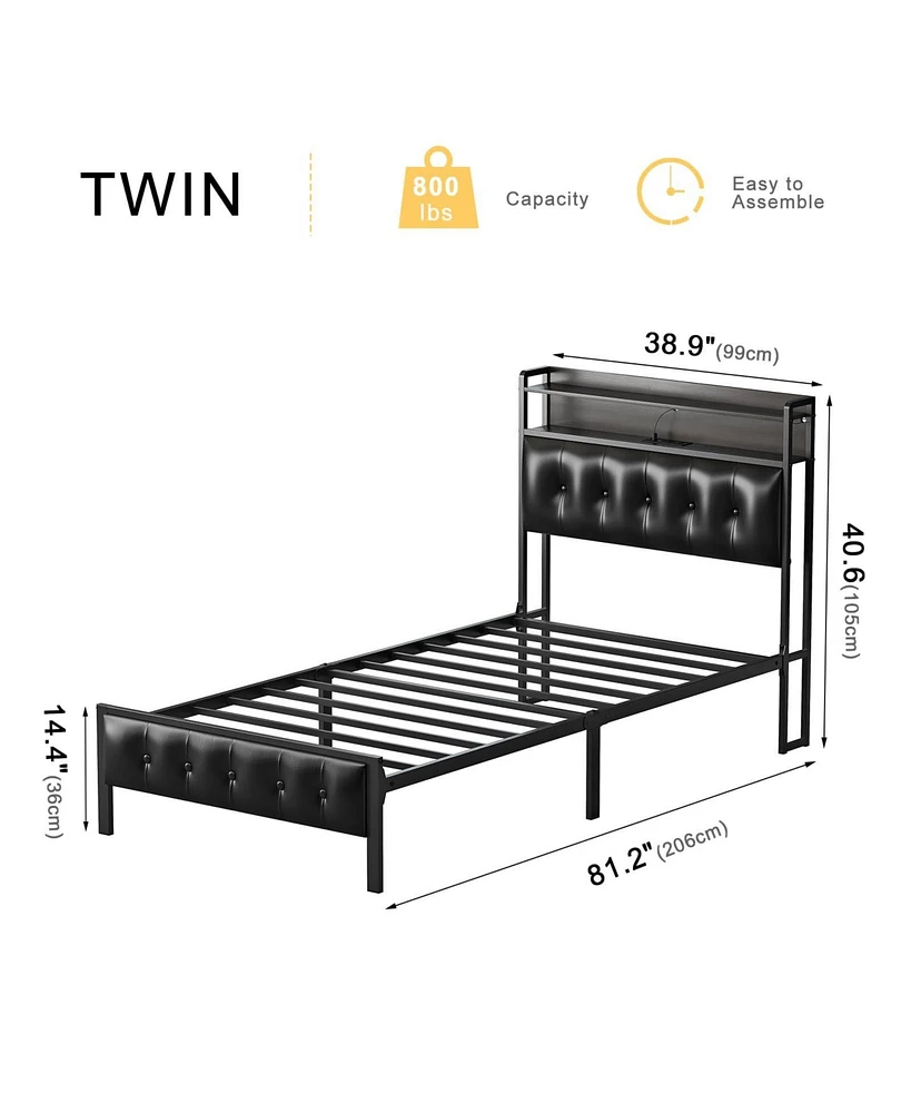 Hausource King/Twin Size Bed Frame with Storage Headboard & Charging Station Upholstered Platform Bed