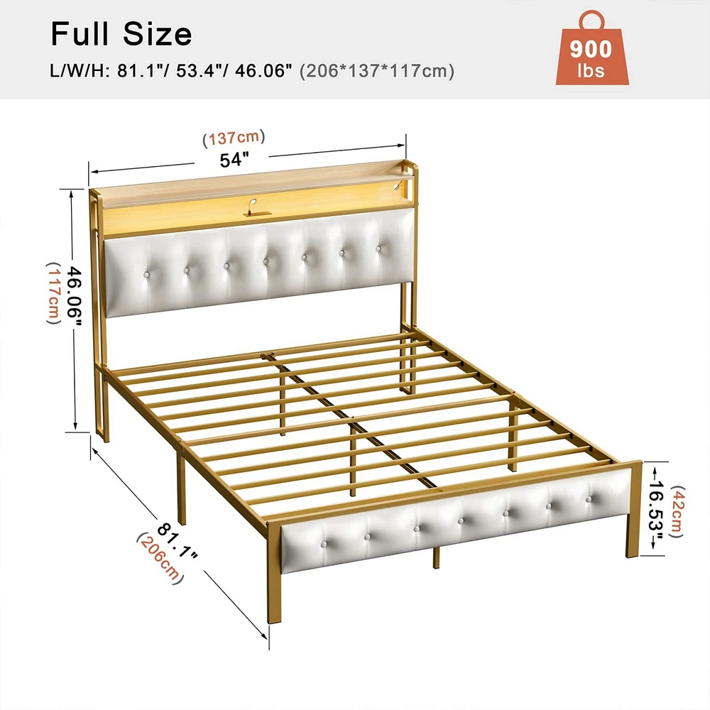Hausource Full Size Bed Frame with Storage Headboard & Usb Ports & Outlets No Box Spring Needed