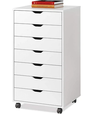 7-Drawer Chest, Wood Storage Dresser File Cabinet with Wheels, White