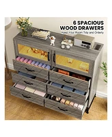 Dresser For Bedroom With Led Lights And Charging Station, 6 Drawer Double Dresser With 2 Shelves, Wide Modern Wooden Chest Of Drawers For Bedroom, Ent