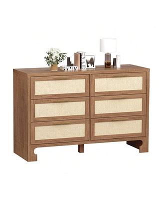 gaomon Modern 6 Drawer Double Dresser For Bedroom, Modern Wooden Dresser Chest With Golden Handles, Beside Table For Closet, Living Room And Entryway,