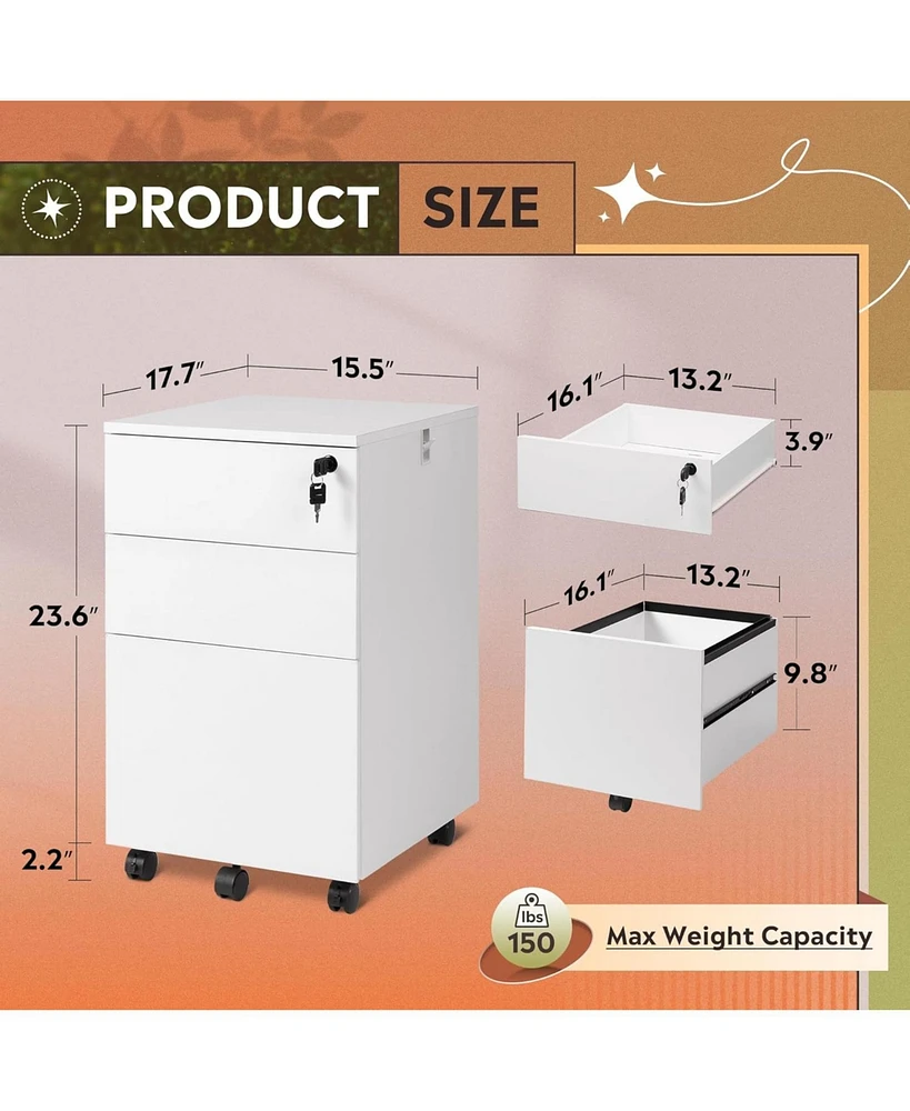 3-Drawer Rolling File Cabinet with Lock, Wood Under Desk Filing Cabinet for Home Office, Fits Letter/Legal/A4 Size, White