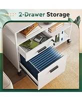 2 Drawer Locking File Cabinet with Charging Station, Rolling Printer Stand with Open Storage Shelf, Lateral Filing Cabinet fit A4/Letter Size for Home