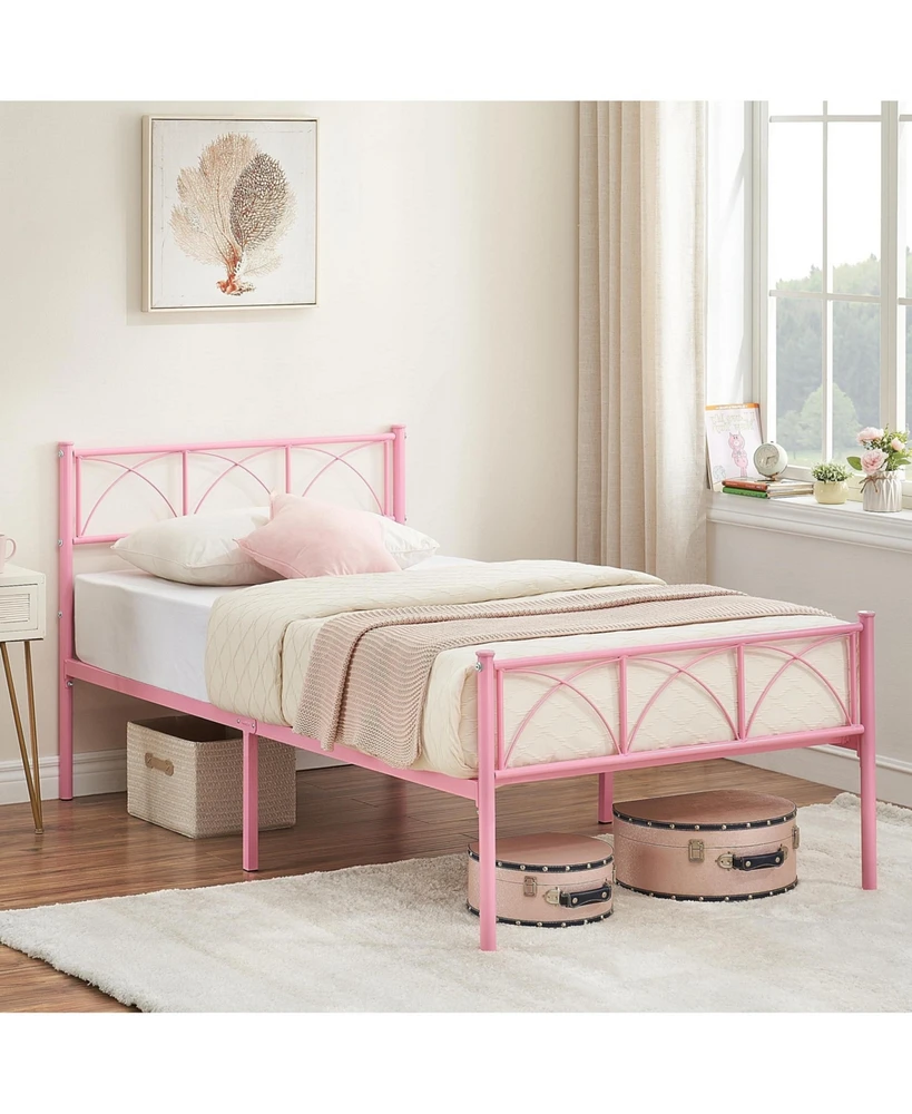 gaomon Metal Bed Frame Twin Pink, Sturdy Modern Stylish Iron Twin Bed Frame with Headboard and Footboard