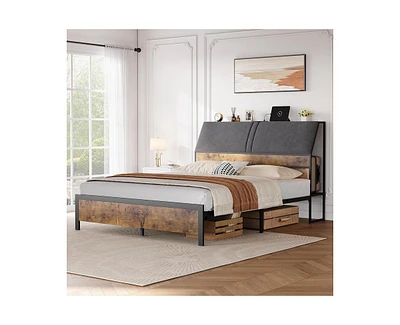 gaomon Queen Size Bed Frame with Ergonomic Headboard and Charging Station, Upholstered Platform Bed, Metal Frame with Storage, No Box Spring Needed, E