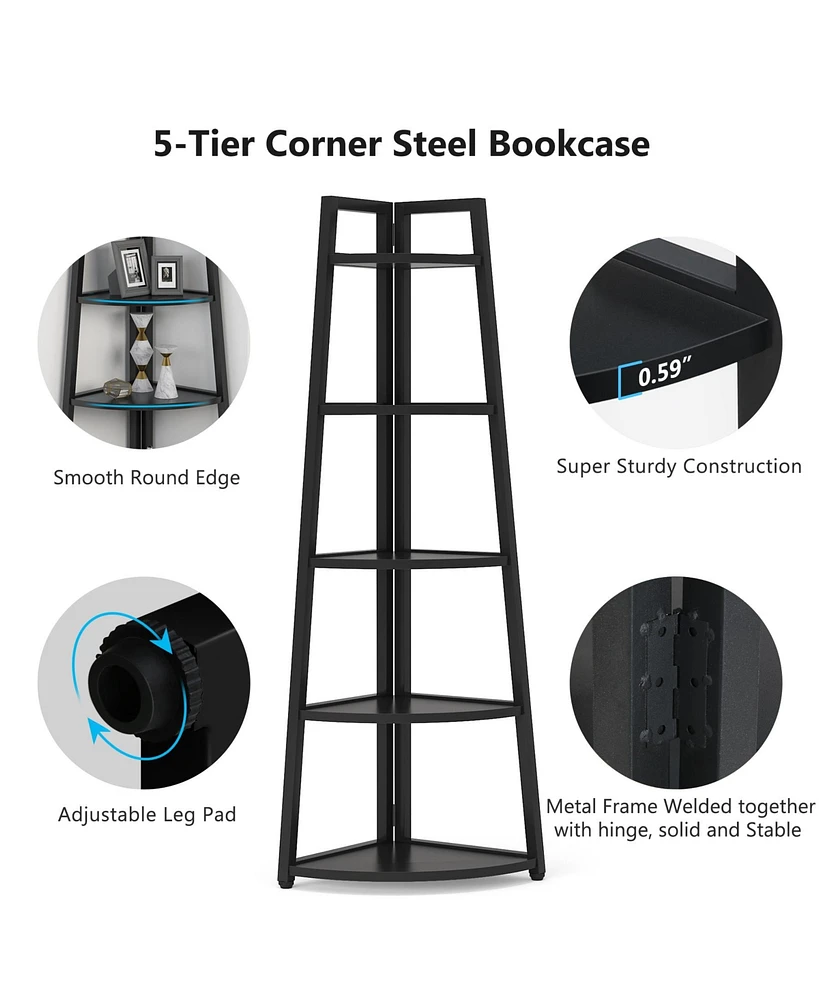 Tribesigns 5 Tier Industrial Corner Bookshelf Bookcase,70 inch Tall Shelf,Industrial Ladder Shelf Plant Stand