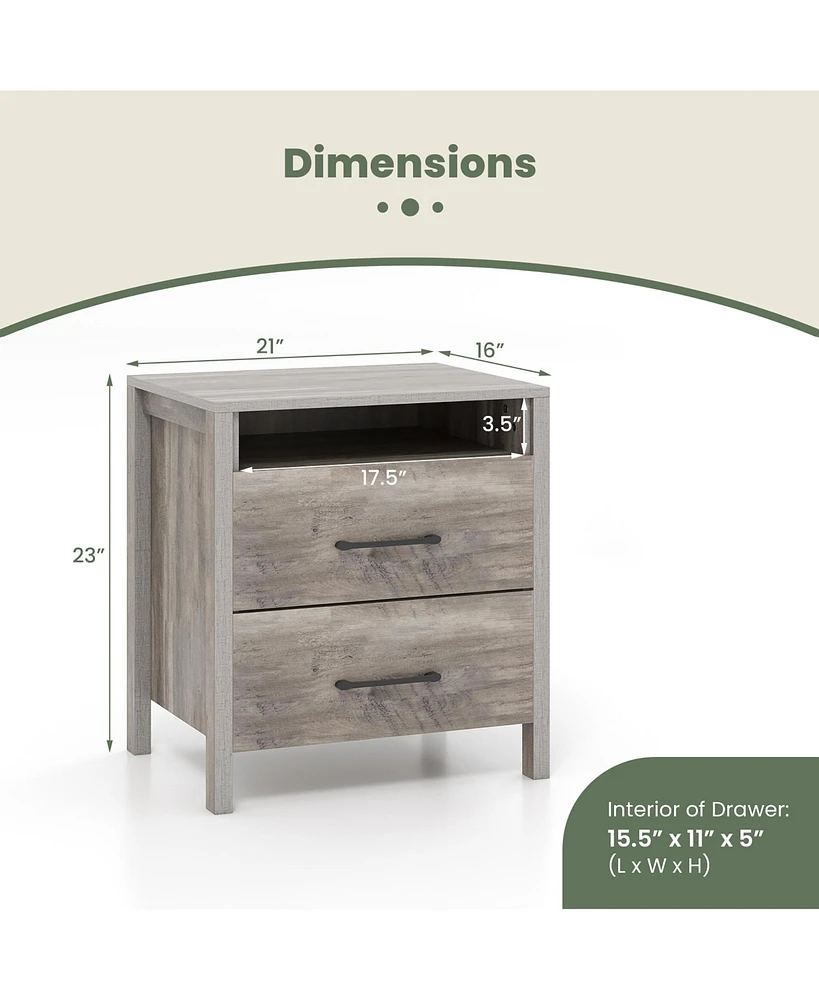 Gymax 2 Pcs Nightstand w/ 2 Drawers Farmhouse Bed Side Table w/ Open Storage Shelf
