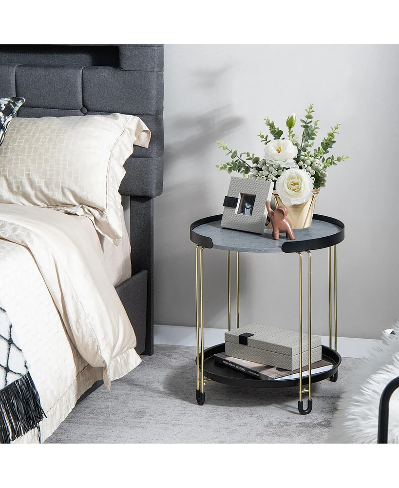 Gymax 2-Tier Side End Table Round Nightstand Gold Frame for Living Room Bedroom