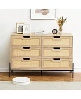 6 Drawers Dresser For Bedroom, Natural Rattan Drawer With Spacious Storage, Wood Chest Of Drawers With Metal Legs For Bedroom, Living Room, Hallway