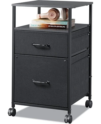 2 Drawer Mobile File Cabinet, Rolling Printer Stand with Open Storage Shelf, Fabric Vertical Filing Cabinet fits A4 or Letter Size for Home Office