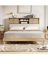 gaomon Rattan Full Bed Frame with Sliding Door Shelf Headboard