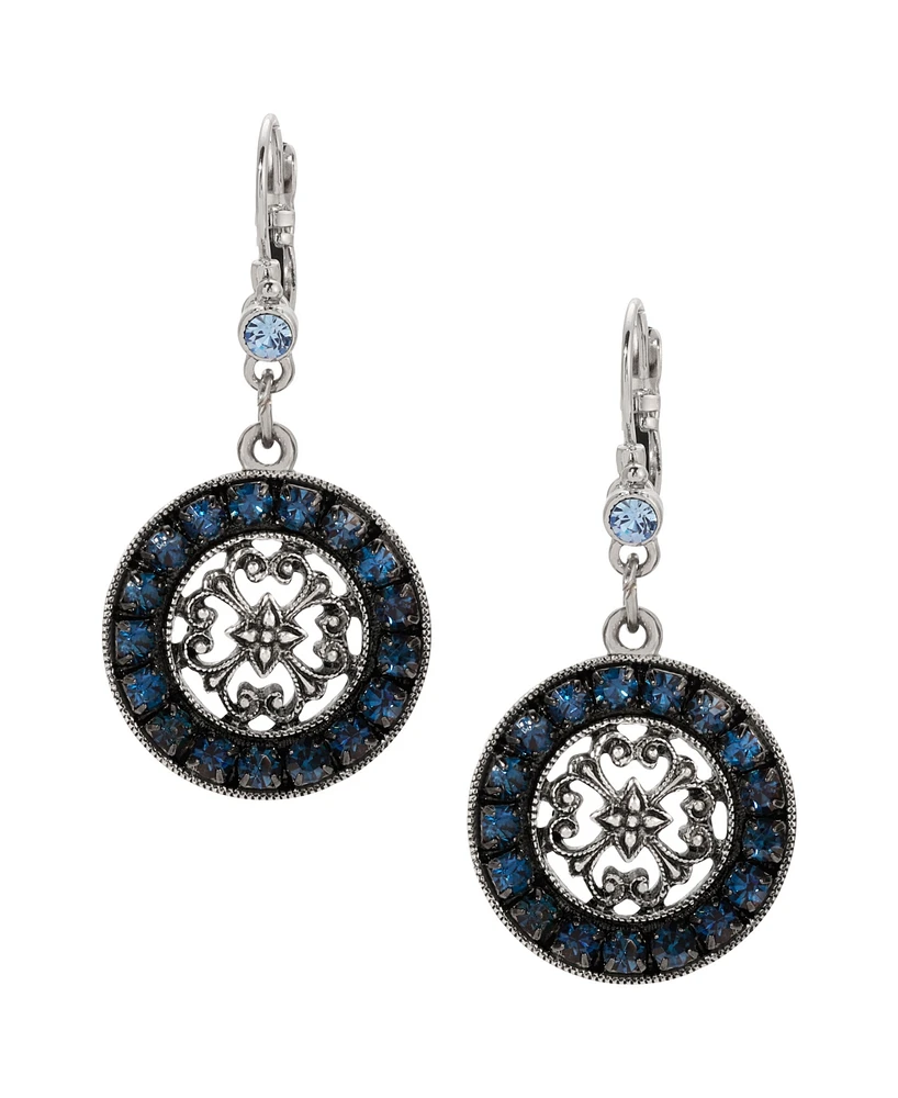 2028 Blue Crystal Round Filigree Drop Earrings