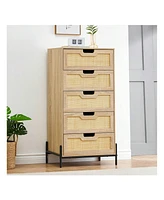Modern Rattan 5 Drawers Dresser, Double Dresser For Bedroom