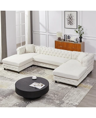 Streamdale Furniture 126-inch Modern Style Chenille Three Piece Sofa, Pull Point Design U-shaped Sofa two Chaise Longue Seats, two Pillows and Plastic