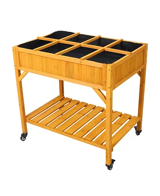 Elevated 8 Pocket Herb Garden Bed, Mobile Raised Customizable Wood Planter for Herbs, Vegetables, Flowers w/ Lockable Wheels, Storage Shelf, Drainage
