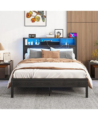 Full Size Bed Frame with Storage Headboard, Metal Platform Bed with Charging Station, Bookcase Storage, No Box Spring Needed, Easy Assembly, Noise-Fre