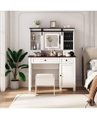 Farmhouse Makeup Vanity with Mirror and Lights,41.73" Wide Vanity Desk, Vanity Table with 4 Drawers and 1 Cabinet,3 Color Modes, Dressing Table f