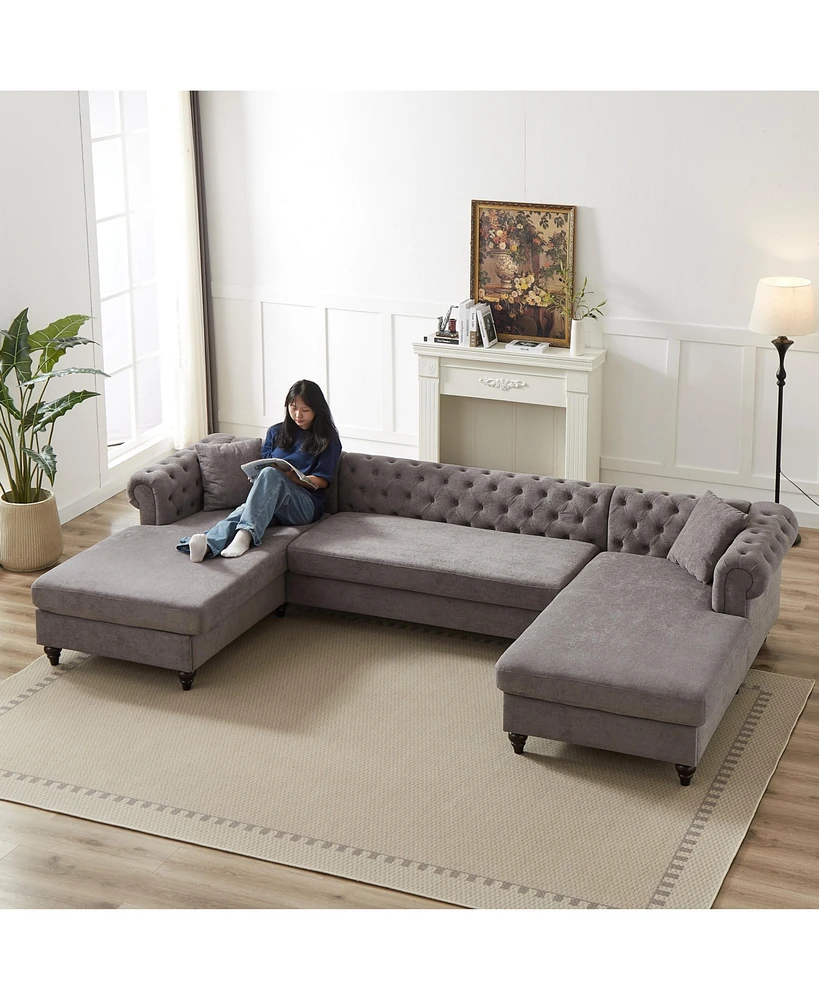 135.5-inch Modern Style Chenille Three Piece Sofa, Pull Point Design U-shaped Sofa two Chaise Longue Seats, two Pillows and Wooden feet