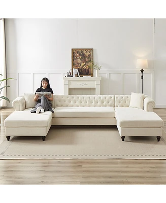 135.5-inch Modern Style Chenille Three Piece Sofa, Pull Point Design U-shaped Sofa two Chaise Longue Seats, two Pillows and Wooden feet