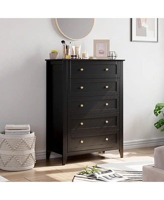 5 Chest Of Drawer Dresser, Modern Tall Nightstand With Deep Drawers And Nickel Round Handle, Wood Organizer Storage Cabinet For Bedroom, Living Room,