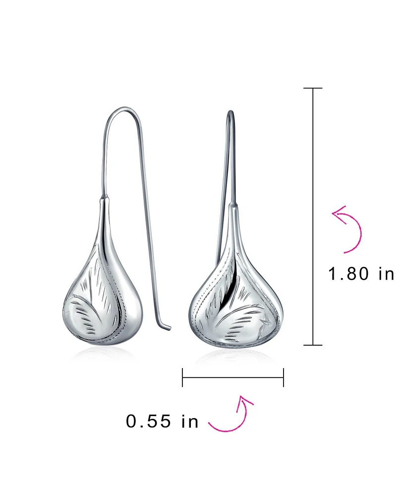 Bling Jewelry Carved Etched Puffed Pear Shaped Rain Drop Teardrop Earrings Fishhook Sterling Silver