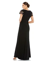 Women's Embellished Sleeve Jersey Wrap Gown