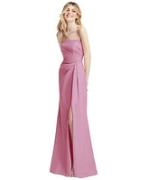 After Six Plus Strapless Pleated Faux Wrap Trumpet Gown with Front Slit