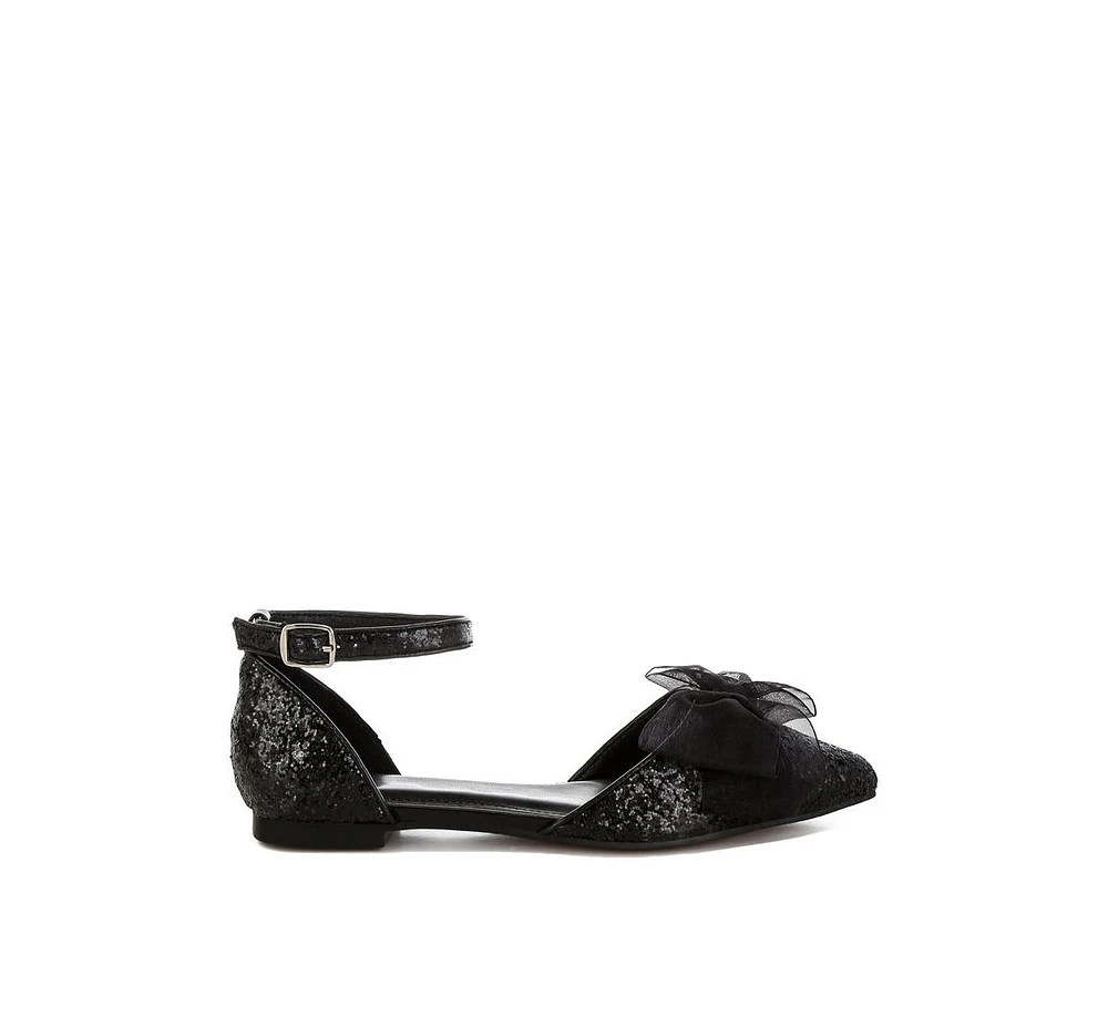 Clarice Sheer Bow Detail Glitter Flat Sandals