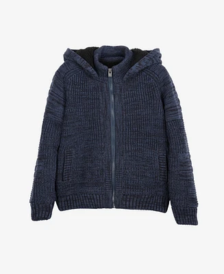 Boy's Hooded Faux Shearling Lining Full Zip Sweater With Moto Design Arm Piece
