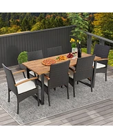 7 Pieces Outdoor Wicker Chair and Dining Table Set-Wood Handrail